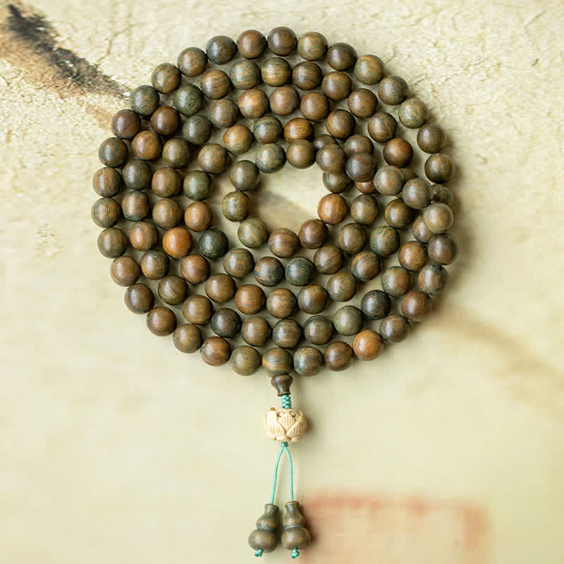 Karma Stone 108-Bead Rosary Green Sandalwood, Boxwood, Lotus, Auspicious Wooden Rosary Bracelet