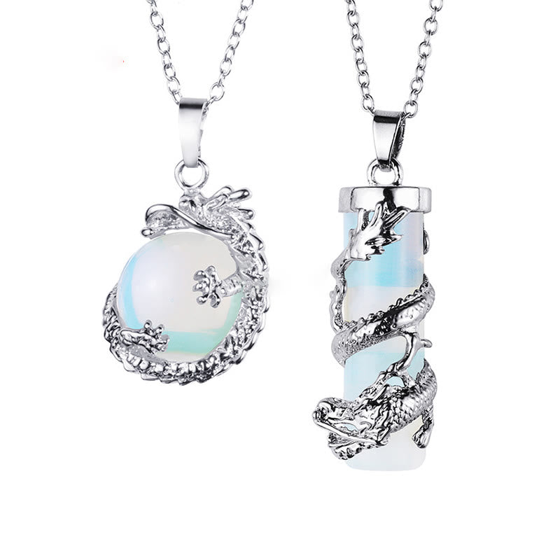 Karma Stone 2pc Dragon Wrapped Round Ball Gemstone Couple Necklace Pendant