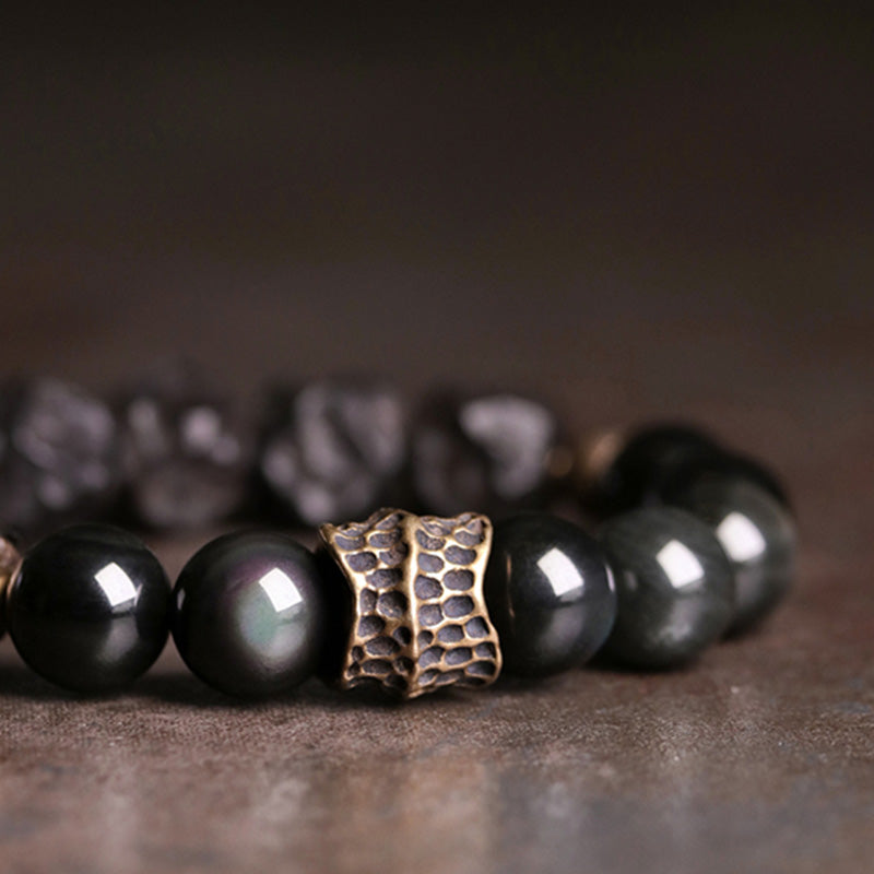 Karma Stone Black Obsidian Ebony Wood Copper Strength Couple Bracelet