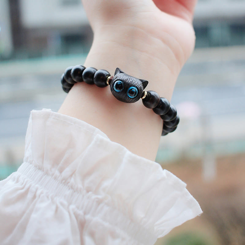 Karma Stone Ebony Wood Green Sandalwood Cute Cat Peace Bracelet