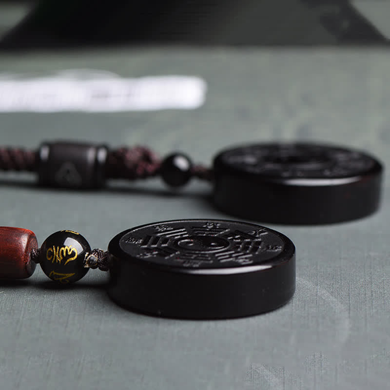 Karma Stone Black Obsidian Bagua Yin Yang Strength Necklace Pendant