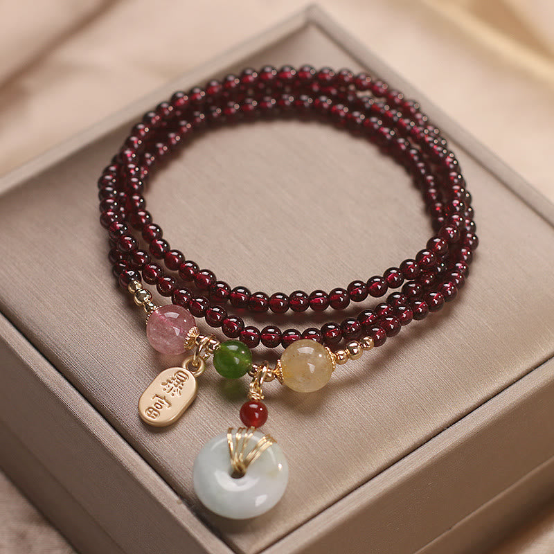Karma Stone Natural Garnet Strawberry Quartz Crystal Fox Koi Fish Peace Buckle Fortune Protection Triple Wrap Bracelet