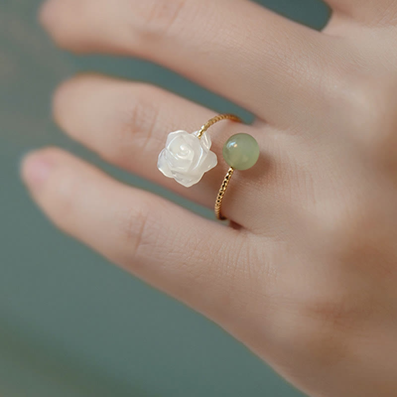 Karma Stone 14K Gold Plated Tridacna Stone Rose Flower Jade Bead Blessing Ring