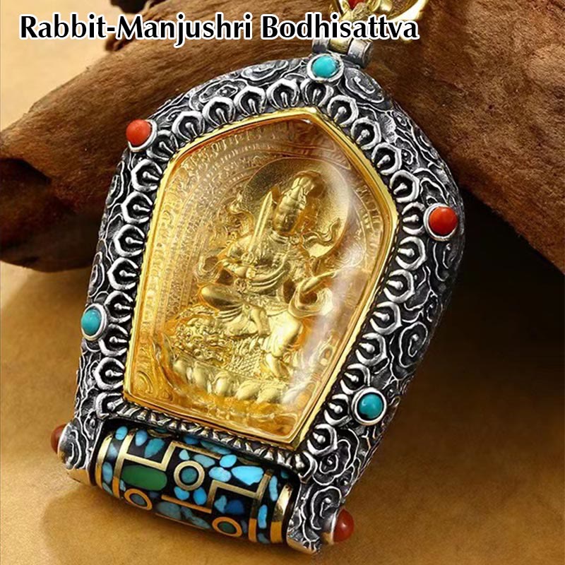 Karma Stone Tibet Chinese Zodiac Natal Buddha Thangka Prosperity Rotatable Dzi Bead Necklace Pendant