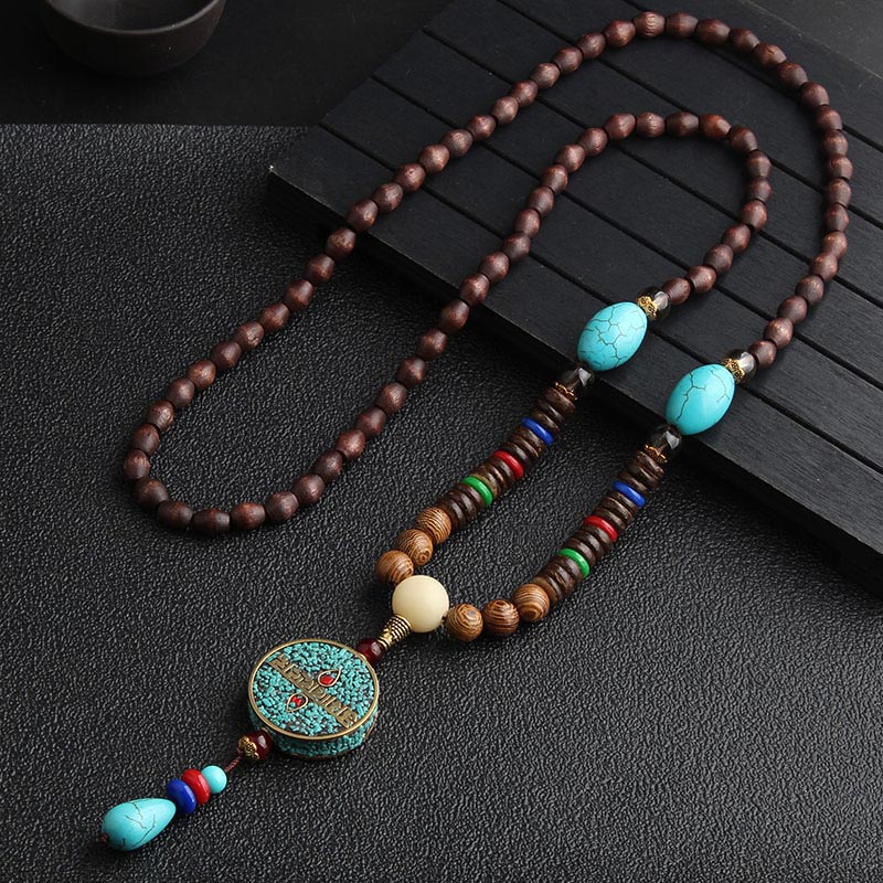 Karma Stone Turquoise Dzi Bead Prayer Wheel Wenge Wood Meditation Necklace