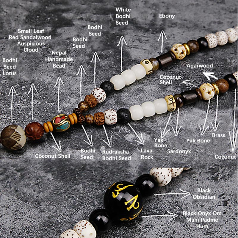 Karma Stone 108 Mala Beads Bodhi Seed Yak Bone Avalokitesvara Lucky Pixiu Guan Gong Buddha Demon Peace Tassel Bracelet