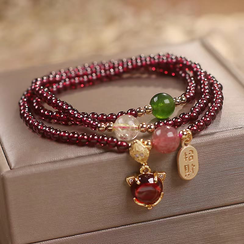 Karma Stone Natural Garnet Strawberry Quartz Crystal Fox Koi Fish Peace Buckle Fortune Protection Triple Wrap Bracelet