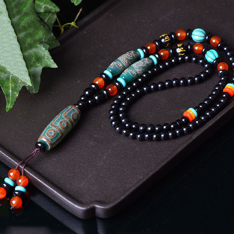Karma Stone Tibetan Nine-Eye Dzi Bead Dragon Pattern Om Mani Padme Hum Protection Necklace Pendant