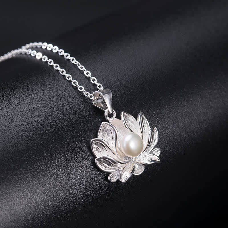 Karma Stone 925 Sterling Silver Lotus Flower Pearl Wealth Necklace Pendant
