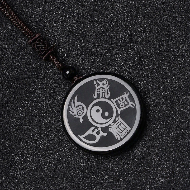 Karma Stone Black Obsidian Taoism Five Sacred Mountains Nine-Character Mantra Carved Purification Yin Yang Necklace Pendant