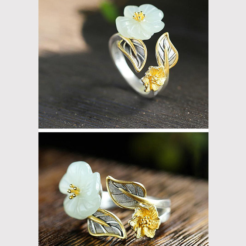 Karma Stone 925 Silver Plated Copper White Jade Plum Flower Leaf Luck Ring