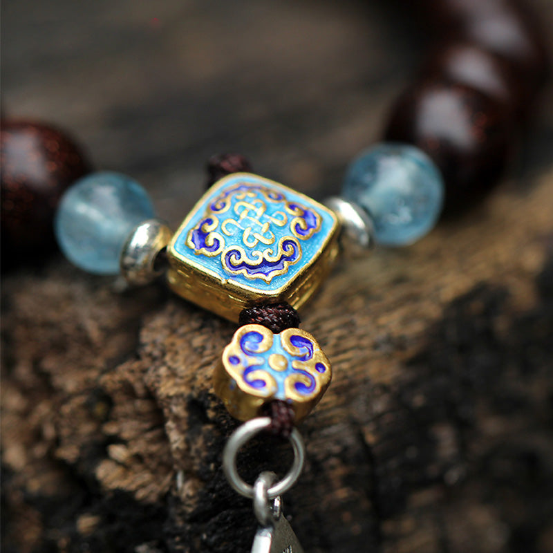 Karma Stone 925 Sterling Silver Indian Small Leaf Red Sandalwood Aquamarine Full of Gold Star Chinese Knotting Blessing Bracelet