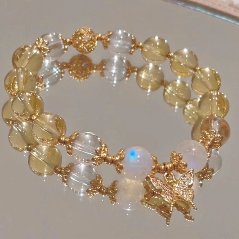 Karma Stone Citrine Moonstone Butterfly Charm Prosperity Protection Bracelet