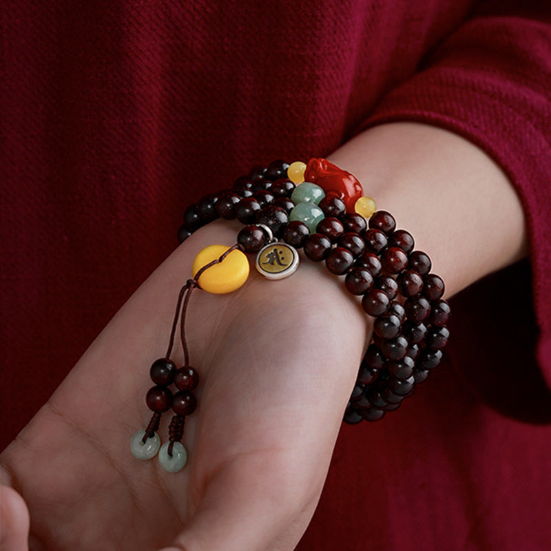 Karma Stone Chinese Zodiac Natal Buddha 108 Mala Beads Small Leaf Red Sandalwood Red Agate PiXiu Protection Bracelet