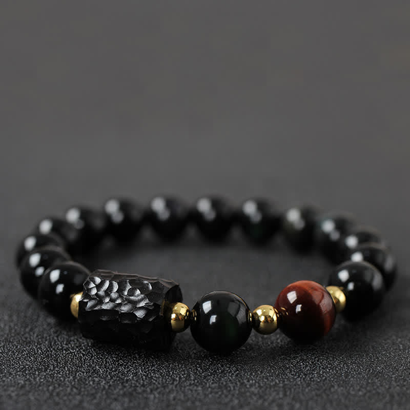 Karma Stone Black Obsidian Ebony Wood Red Tiger Eye Strength Couple Bracelet