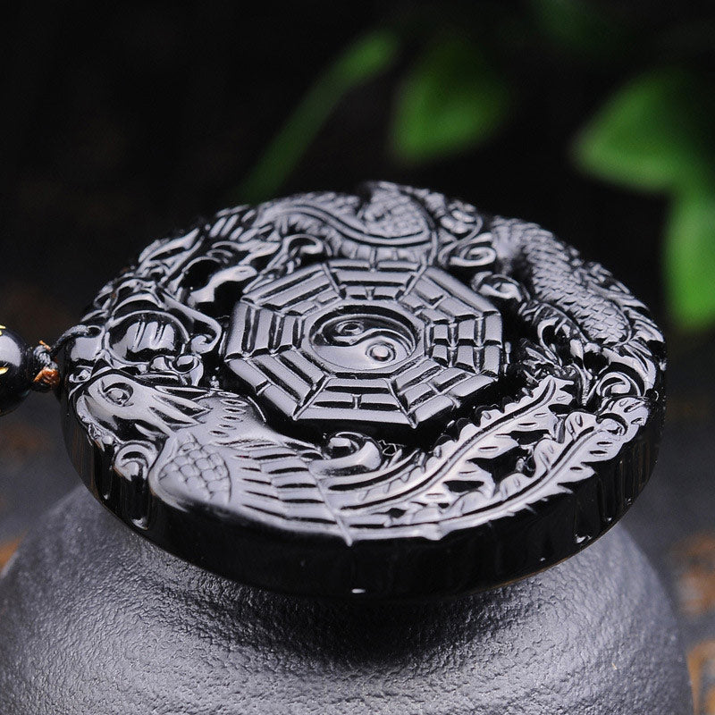 Karma Stone Bagua Dragon Phoenix Obsidian Fulfilment Pendant Necklace