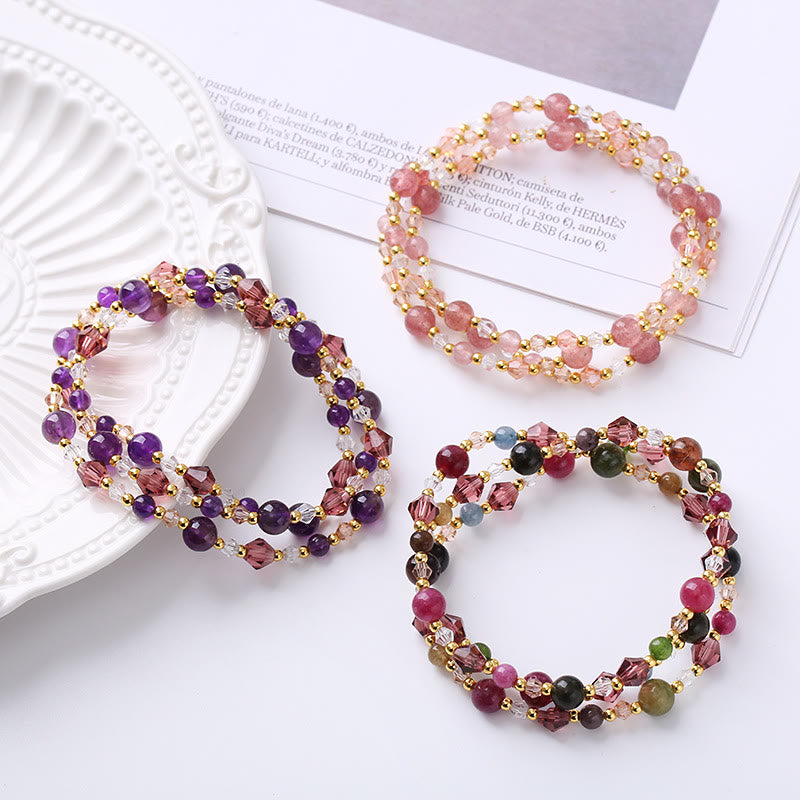 Karma Stone Natural Tourmaline Strawberry Quartz Amethyst Peace Wisdom Double Wrap Bracelet