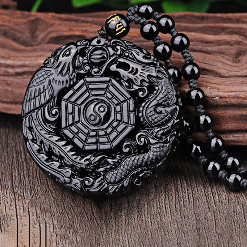 Karma Stone Bagua Dragon Phoenix Obsidian Fulfilment Pendant Necklace