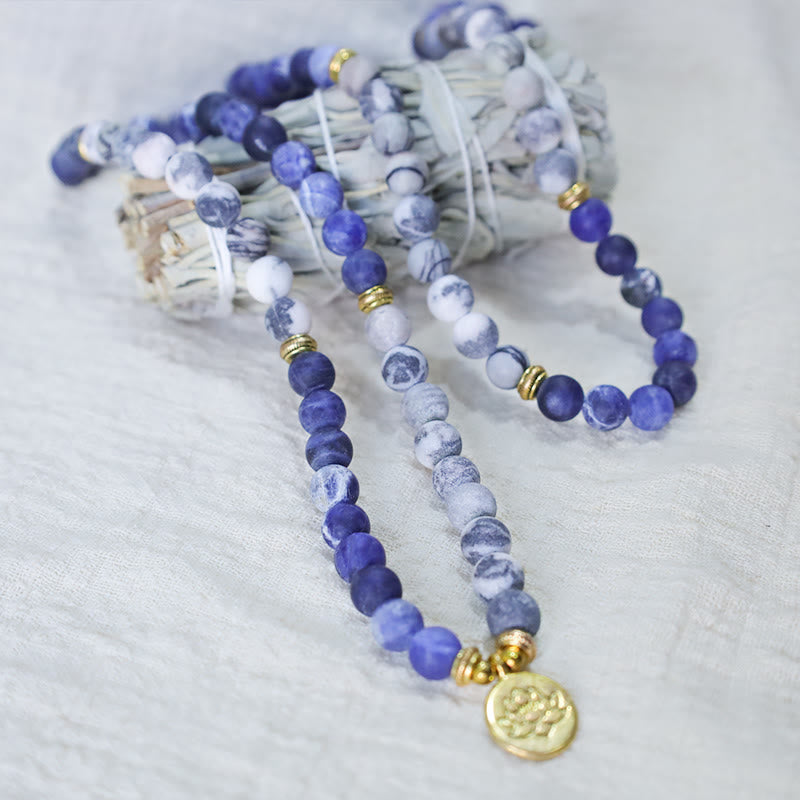 Karma Stone 108-Bead Natural Picasso Jasper and Blue Stone Rosary Lotus Pendant Prayer Bracelet Necklace