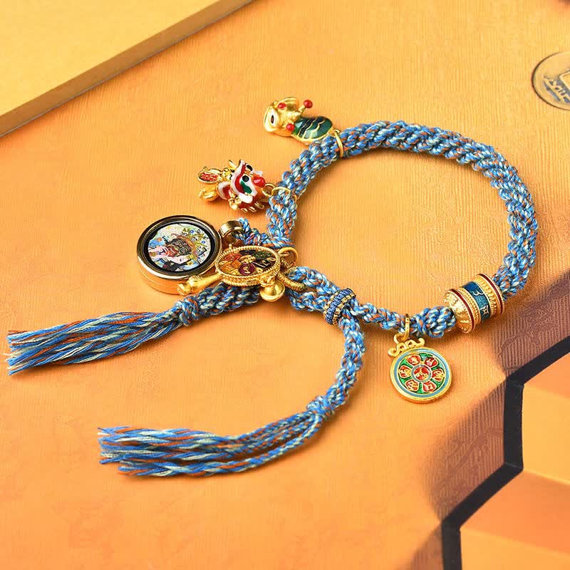 Karma Stone Tibetan Zakiram Goddess of Wealth Thangka Luck Prayer Wheel Braid String Bracelet