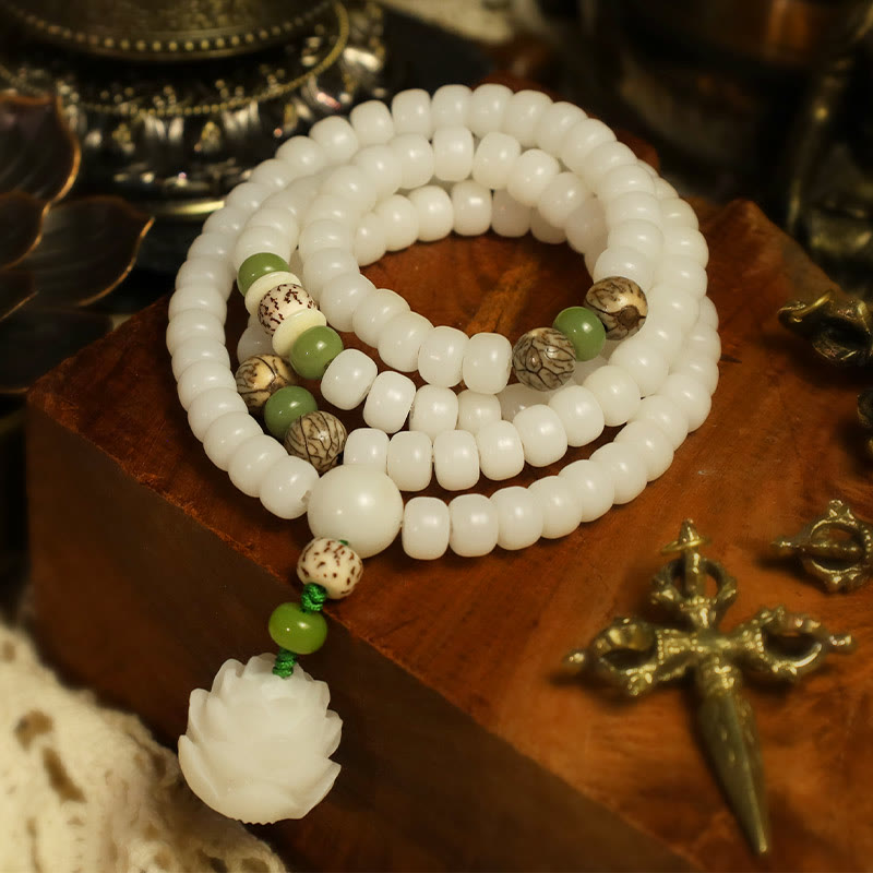 Karma Stone White Jade Bodhi Lotus Mala Harmony Necklace Bracelet
