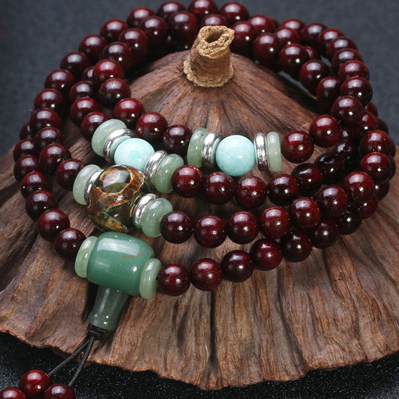 Karma Stone 108 Beads Small Leaf Red Sandalwood Green Aventurine Amazonite Luck Healing Bracelet Mala