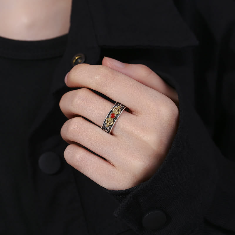 Karma Stone Tibetan Om Mani Padme Hum Red Agate Dorje Vajra Design Wisdom Ring