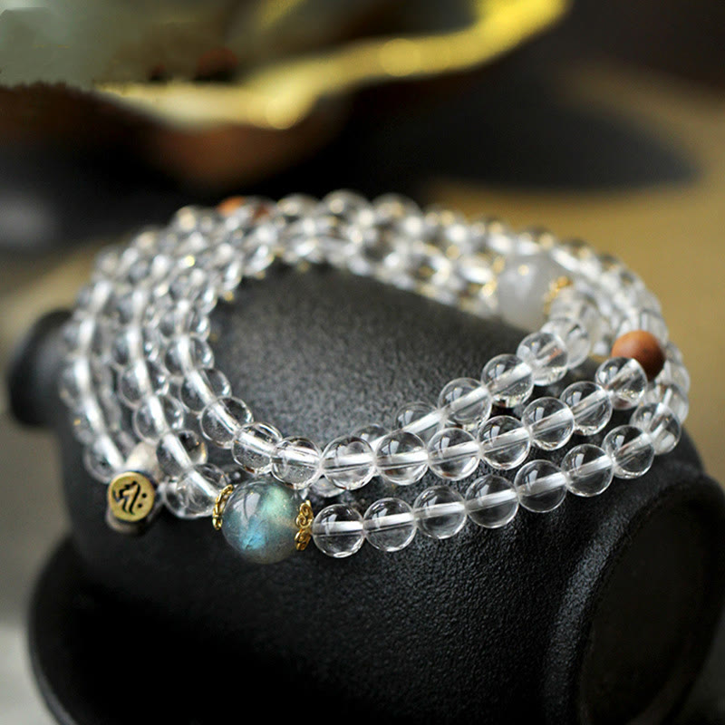 Karma Stone 925 Sterling Silver Chinese Zodiac Natal Buddha White Crystal Meditation Triple Wrap Bracelet