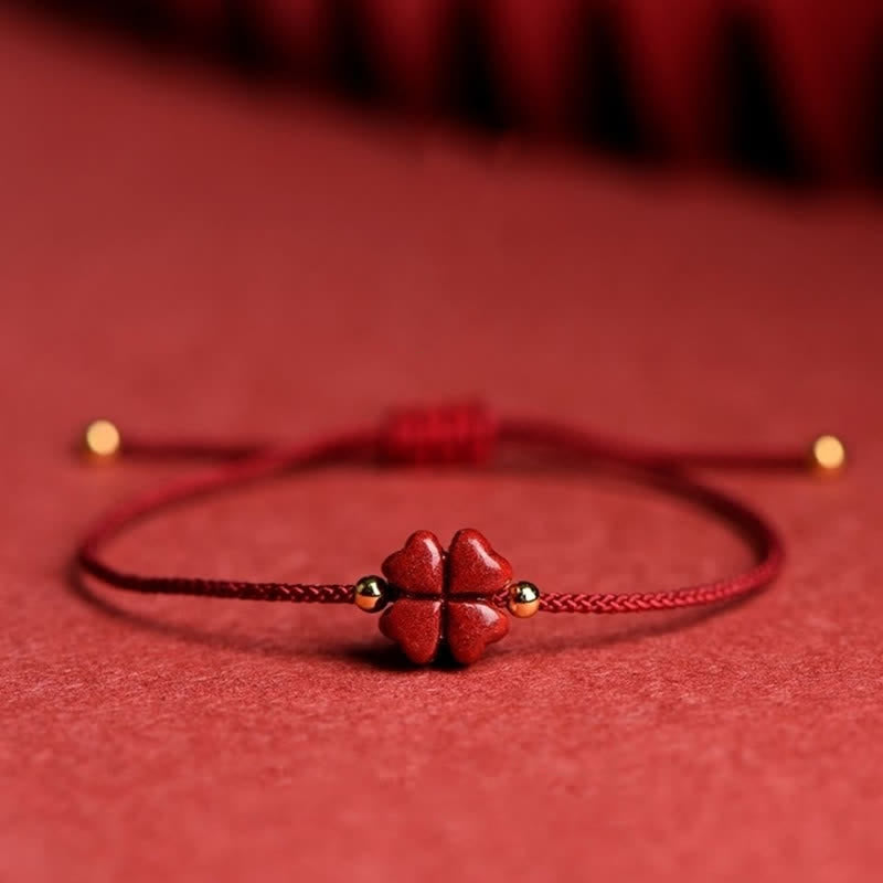 Karma Stone Natural Cinnabar Four Leaf Clover Blessing Red String Bracelet Anklet