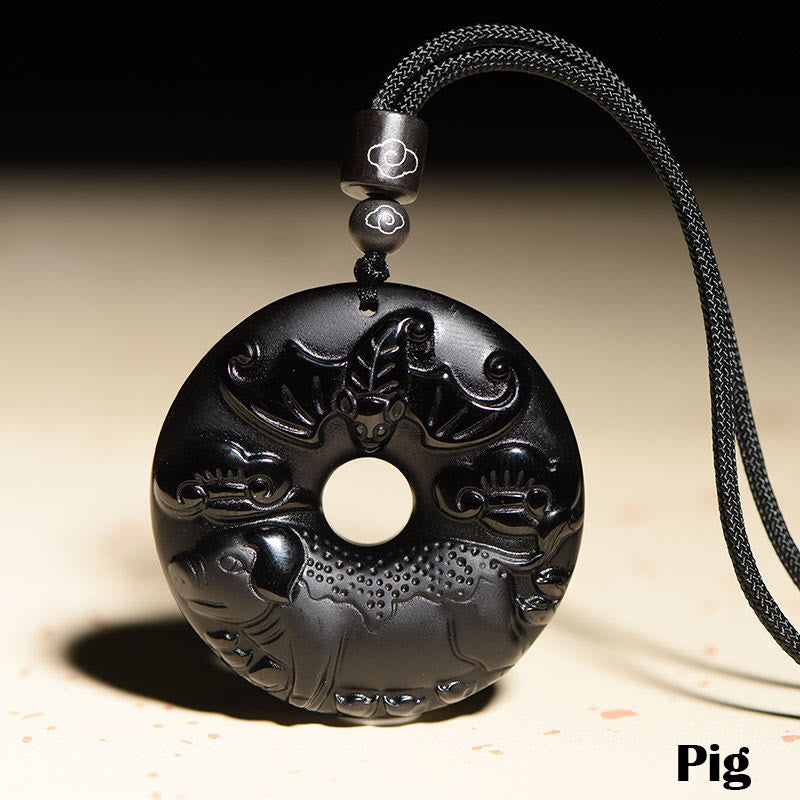 Karma Stone Chinese Zodiac Natural Black Obsidian Peace Buckle Strength Necklace Pendant