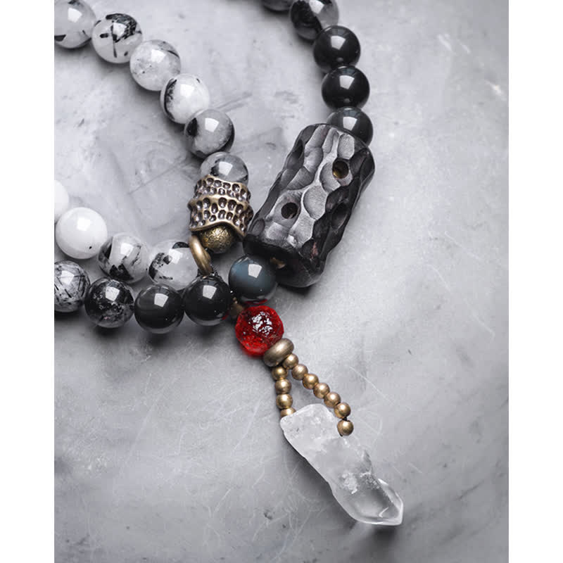 Karma Stone Black Rutilated Quartz Ebony Wood White Crystal Success Couple Bracelet