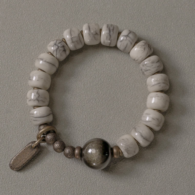 Karma Stone Tibetan Yak Bone Gold Sheen Obsidian Brass Bead Strength Bracelet