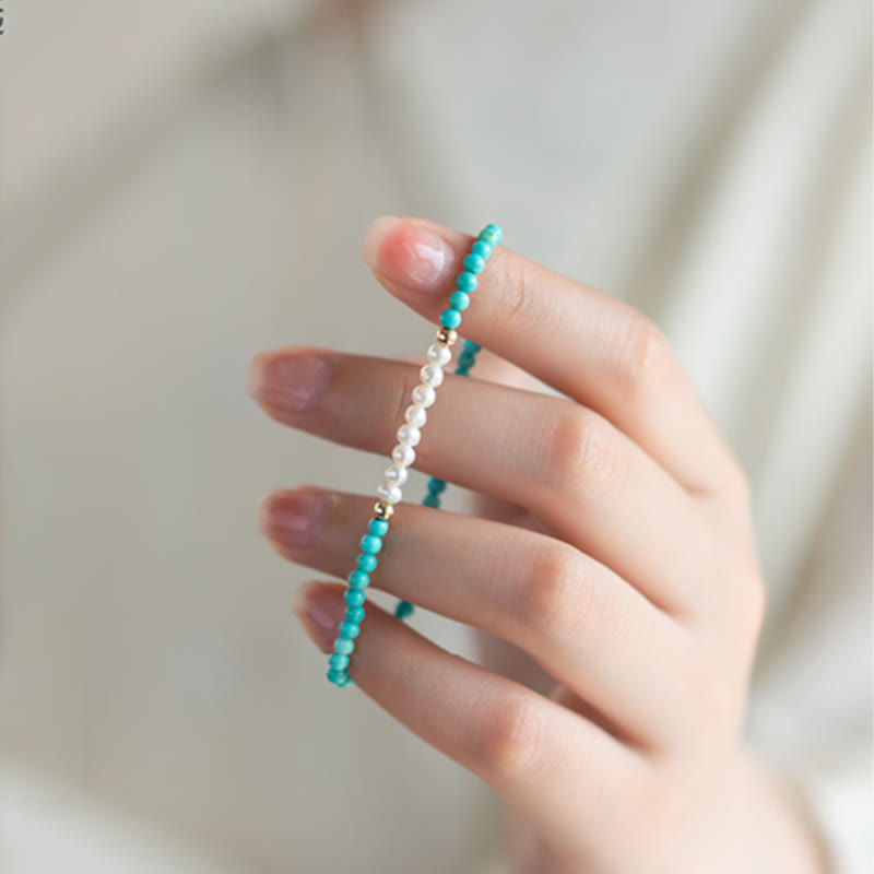 Karma Stone 925 Sterling Silver Natural Turquoise Pearl Beaded Bracelet