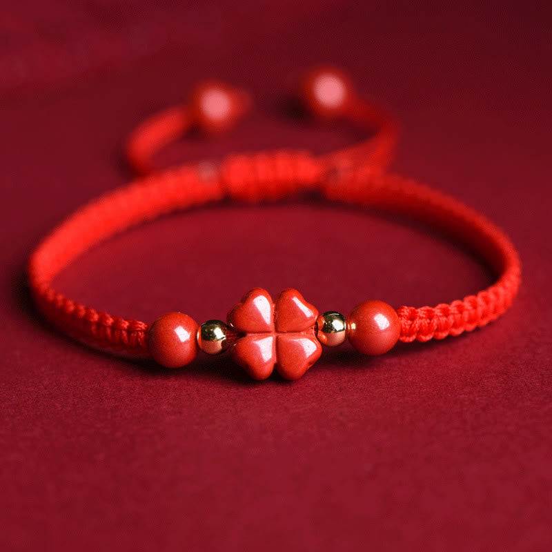 Karma Stone Four Leaf Clover Five-petal Flower Cinnabar Blessing Red String Bracelet