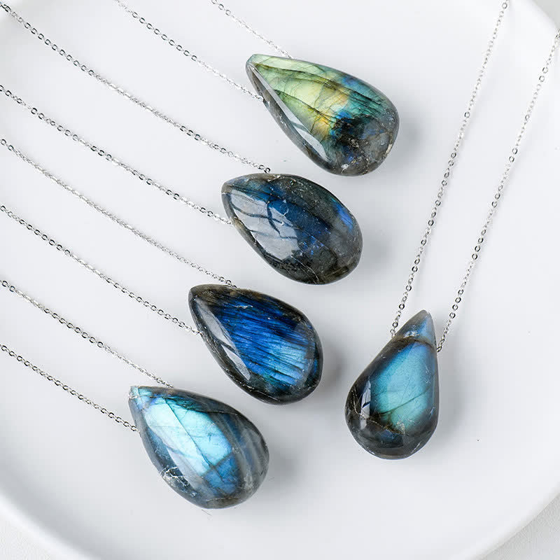 Karma Stone Labradorite Water Drop Support Healing Necklace Pendant