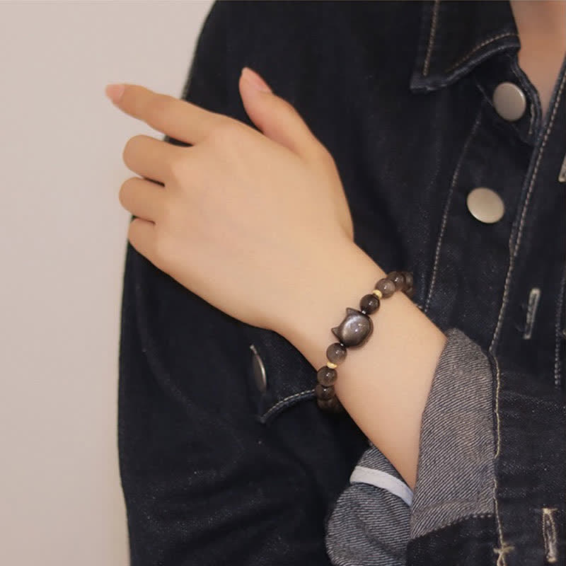 Karma Stone Gold Sheen Obsidian Silver Sheen Obsidian Lovely Paw Lucky Cat Protection Bracelet