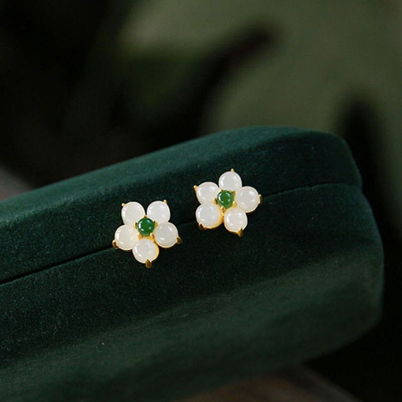 Karma Stone White Jade Flower Luck Blessing Stud Earrings