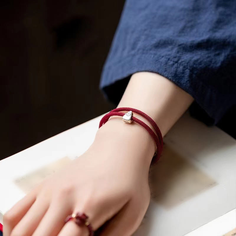 Karma Stone 925 Sterling Silver Fu Character Blessing Handmade Braided Bracelet