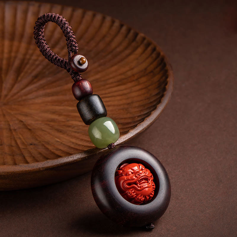Karma Stone Tibet Om Mani Padme Hum PiXiu Copper Coin Small Leaf Red Sandalwood Cinnabar Protection Key Chain