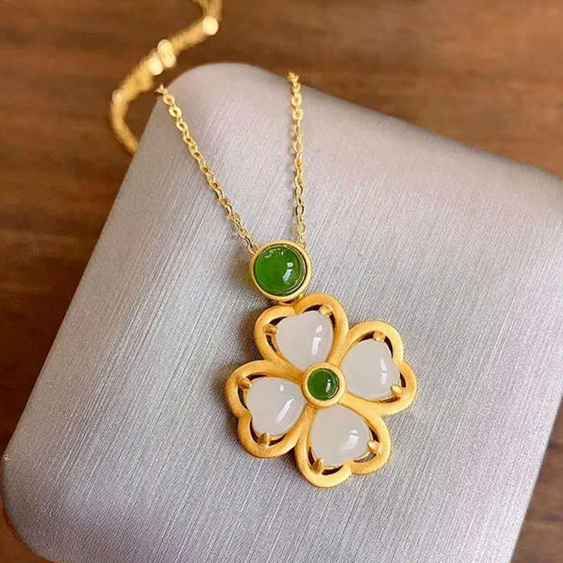 Karma Stone 925 Sterling Silver Lucky Four Leaf Clover Jade Prosperity Necklace Chain Pendant