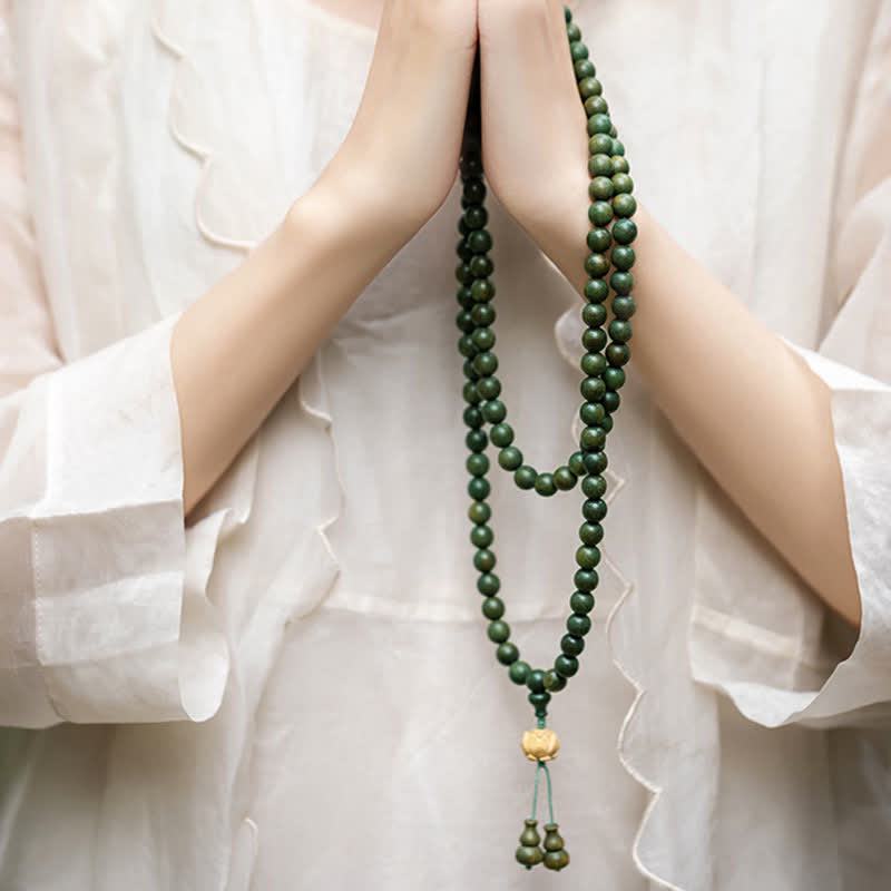 Karma Stone 108-Bead Rosary Green Sandalwood, Boxwood, Lotus, Auspicious Wooden Rosary Bracelet