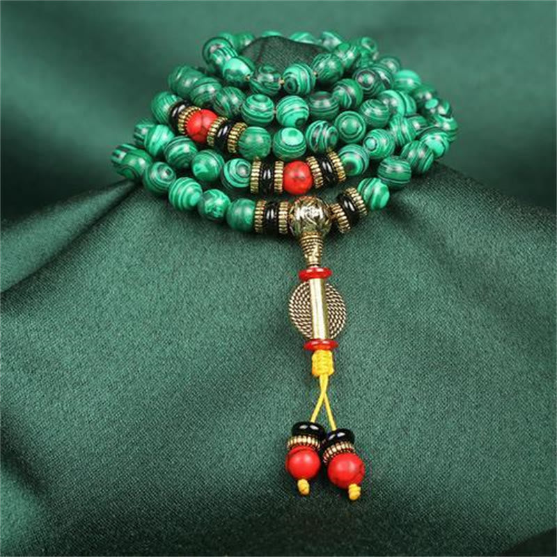 Karma Stone Tibetan 108-Bead Malachite Prayer Bracelet Necklace