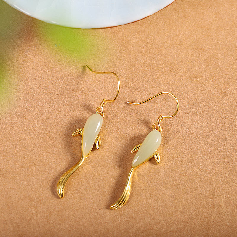 Karma Stone Fish Pattern Jade Luck Dangle Drop Earrings