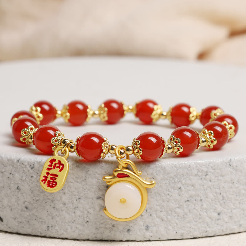 Karma Stone Year of the Dragon Red Agate Green Aventurine Peace Buckle Fu Character Lucky Fortune Bracelet