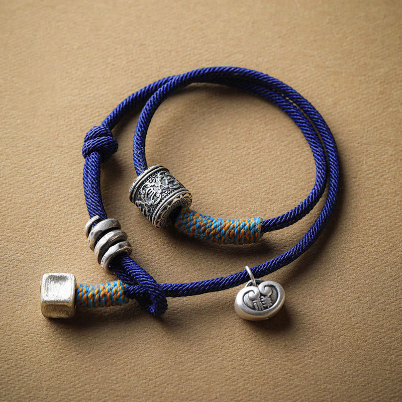 Karma Stone Handmade Tibetan Om Mani Padme Hum Carved Auspicious Amulet Double Wrap Rope Bracelet