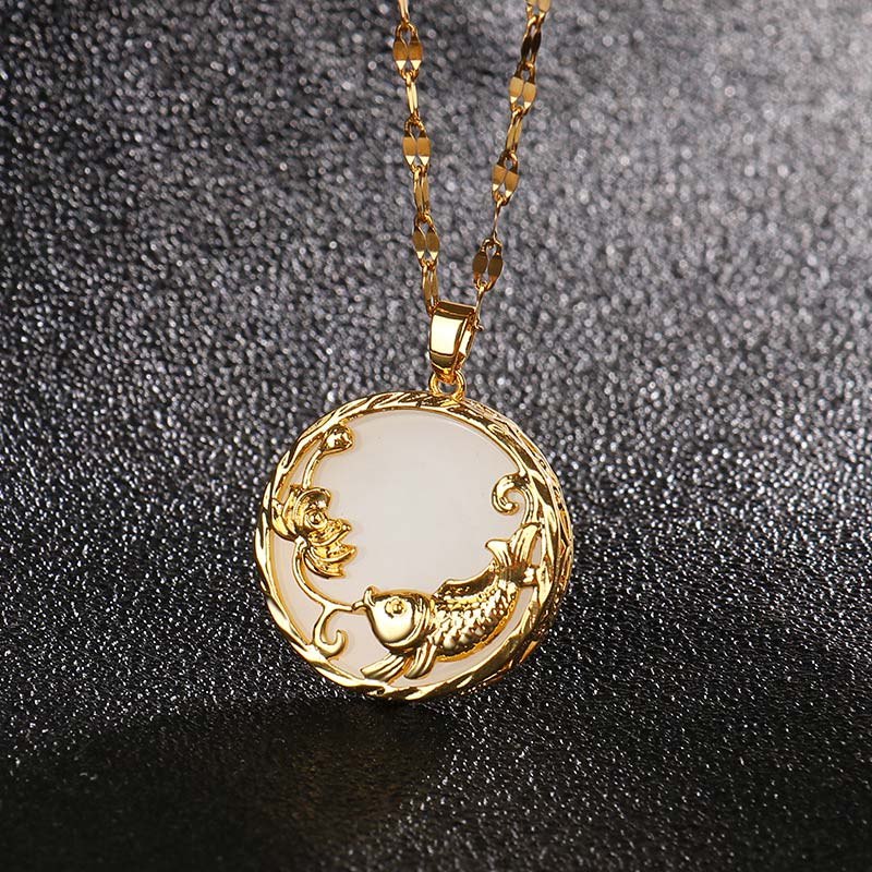 Karma Stone Natural Jade Koi Fish Lotus Luck Necklace Pendant