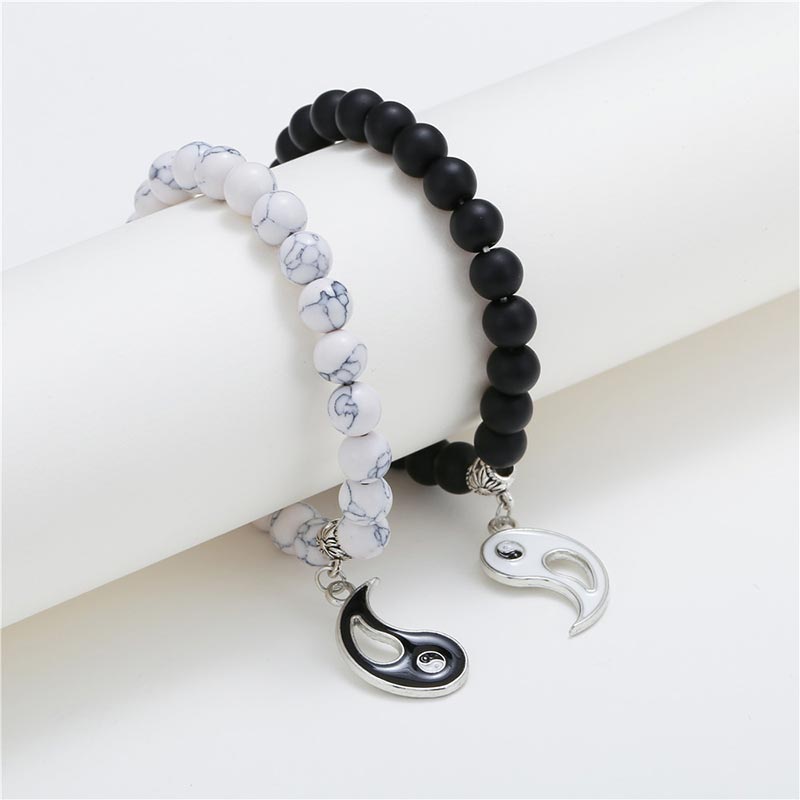 Karma Stone 2pcs Natural Black Onyx White Turquoise Bead Yin Yang Couple Bracelet