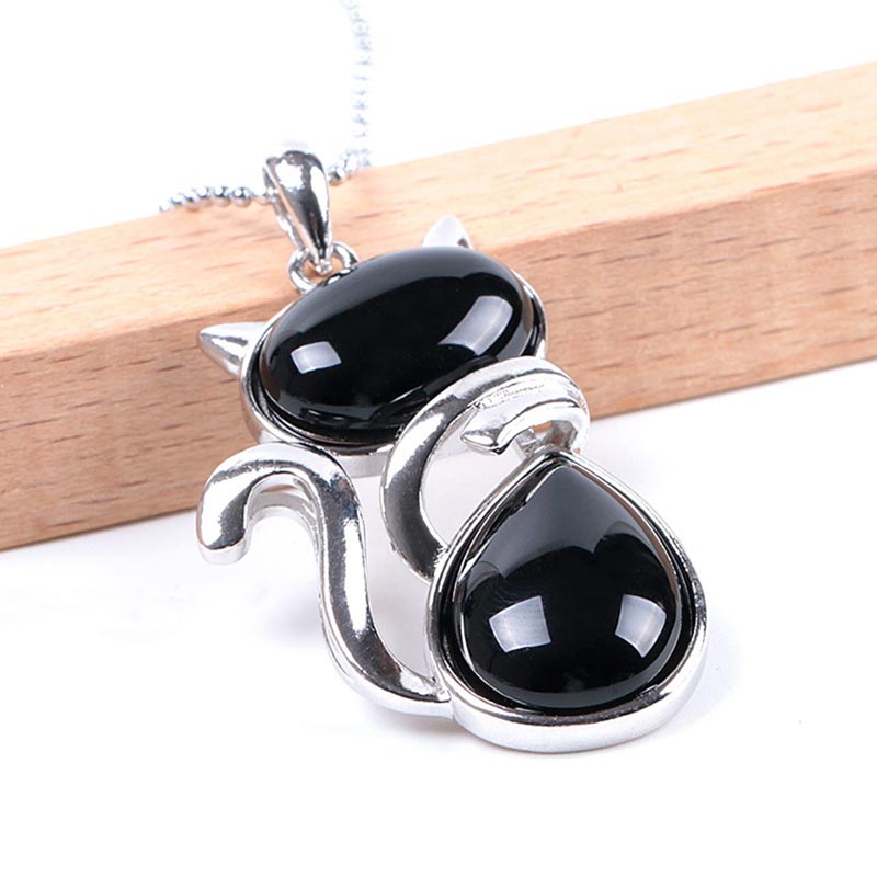Karma Stone "Save A Cat" Cute Cat Pattern Natural Crystal Protection Cat-Loving Pendant Necklace