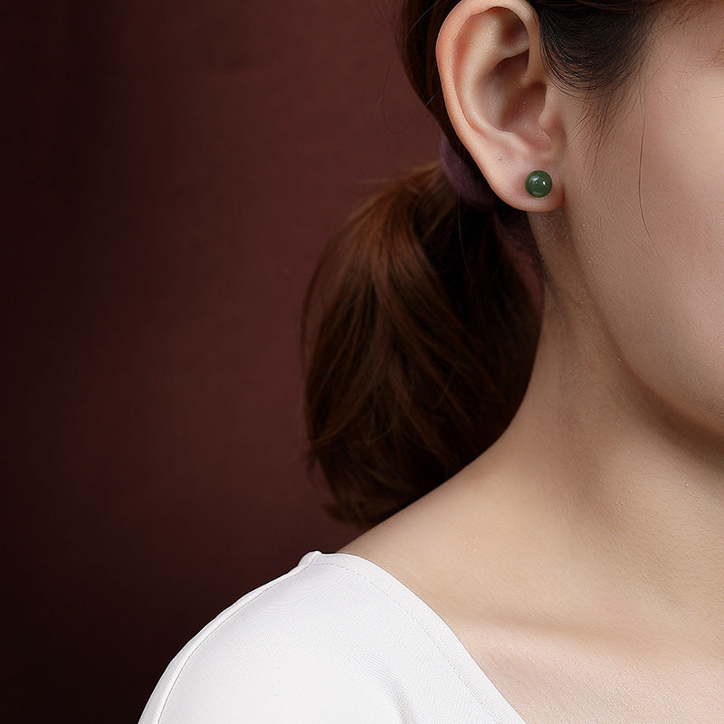 Karma Stone 925 Sterling Silver Round Cyan Jade Healing Calm Stud Earrings