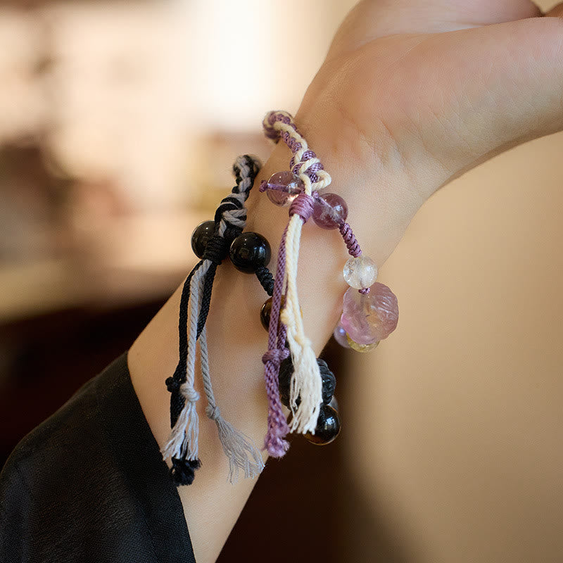 Karma Stone Natural Fluorite Amethyst Silver Sheen Obsidian Tiger's Eye Protection Rope Bracelet